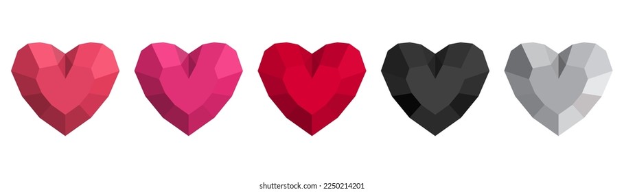 A set of multi-colored hearts in the form of a precious stone. Vector illustration for holiday design.
