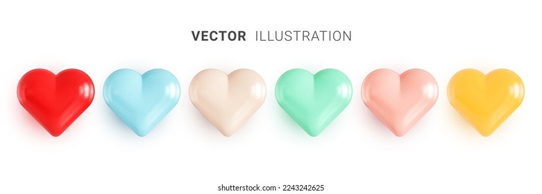 Set of multicolored hearts. Group of heart icons in different colors. Valentine's Day greeting card design elements. Realistic 3D vector illustration on white background