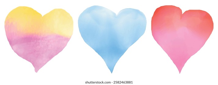 Set of multicolored hearts painted. Romantic watercolor hearts illustration. Love heart Clip art. Heart shape isolated on white background. Valentine red heart icon