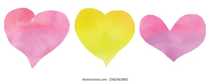 Set of multicolored hearts painted. Romantic watercolor hearts illustration. Love heart Clip art. Heart shape isolated on white background. Valentine red heart icon