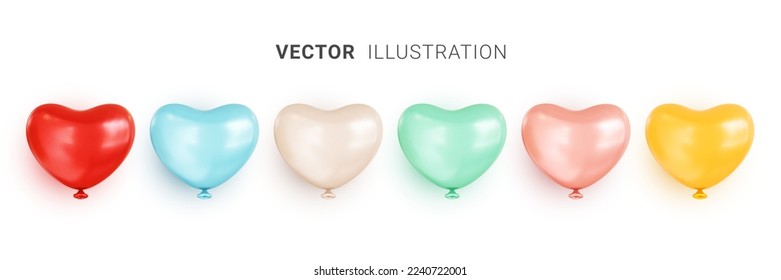 Set of multicolored helium balloons in the shape of a heart. Group of heart icons in different colors. Valentine's Day greeting card design elements. Realistic 3D vector illustration