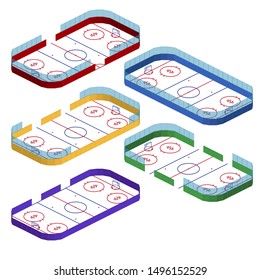 Set of multi-colored hockey arenas in isometric isolated on a white background. Vector illustration