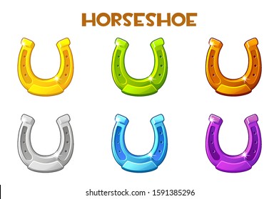 Set of multi-colored horseshoes on a white background. Pak bright horseshoes for St. Patrick's Day, a symbol of the holiday.