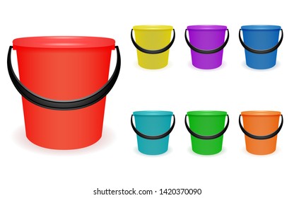 A set of multi-colored household plastic buckets for cleaning water and food. Vector illustration.