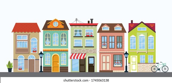 Set of multicolored houses. Vintage style. Old european town. Horizontal traditional cityscape. Vector art.