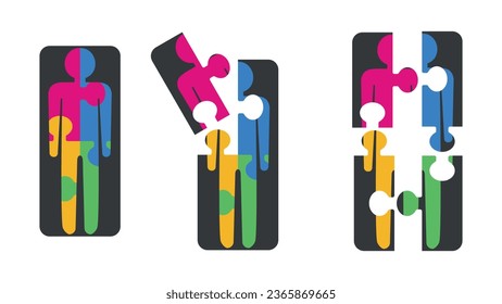 Set of multicolored human shaped puzzle pieces. Puzzle jigsaw on white background. Symbolic pieces of the autism puzzle. Vector illustration