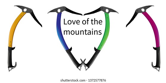 Set of multi-colored ice axes. Love for the mountains.