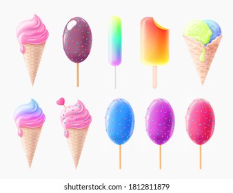 Set of multicolored ice cream 3d. Ice cream and cold desserts of various flavors. Multi-colored delicious summery snacks. Realistic illustration isolated on white background.