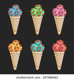 Set of multicolored ice cream with nuts
