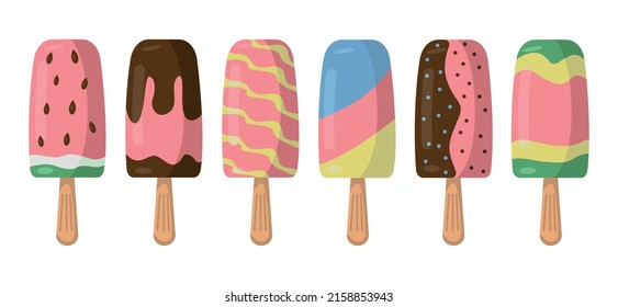 A set of multi-colored ice cream on a wooden stick in flat style. Vector image.