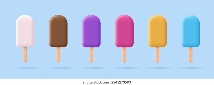 Conjunto de helados multicolores sobre un palo, 3 d. Concepto de publicidad y sabores de un postre frío y refrescante para las vacaciones de verano.