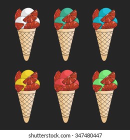 Set of multicolored ice cream with orange