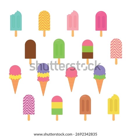 A set of multicolored ice creams of various types and colors. Ice cream cones. Ice cream on a stick. Vector illustration.