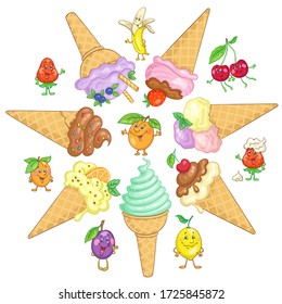 Set of multi-colored ice creams in waffle cones and funny fruits. In cartoon style. Isolated on white background. Vector illustration.