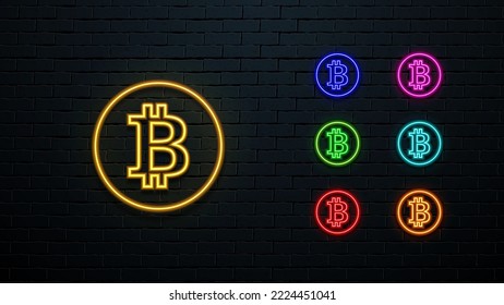 A set of multicolored icons of the Bitcoin cryptocurrency. Neon glowing BTC symbols in seven colors.