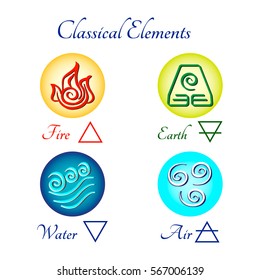 Set of multicolored icons. Classical elements Fire, Water, Earth, Air. Alchemical symbols. Vector illustration.