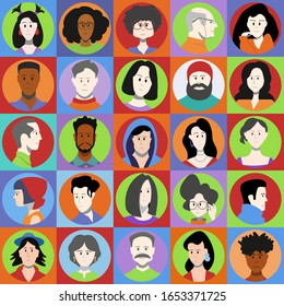 Set of multi-colored icons of different people, men and women. Flat vector portraits.