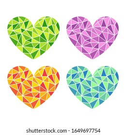 Set of multi-colored icons with geometric polygonal hearts on a white background. Modern trendy linear design for wedding or valentines day. Stylish logo, icon, badge, decoration, print. Vector image.