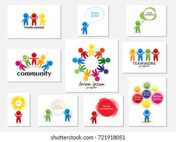 Set of multicolored icons of stylized figure of man and abstract dialog window isolated on white background. Creative teamwork logo. Community logo. Friendly command logo. Vector design element