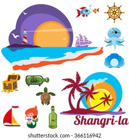 Set of multicolored images with marine issues Shangri-la, coastal countries, exotic vacation, seaside resort.