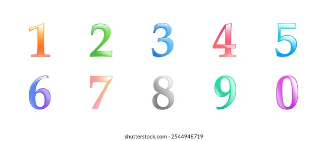 A set of multi-colored images of numbers from one to ten. Suitable for teaching children counting and arithmetic.