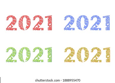 Set of multicolored inscriptions new 2021 year. Font composition with hearts