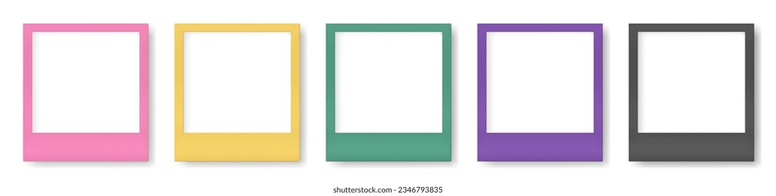 Set of multicolored instant photo frames. Empty frame mockup. Black, yellow, pink, green and purple vintage card. Template on a transparent background