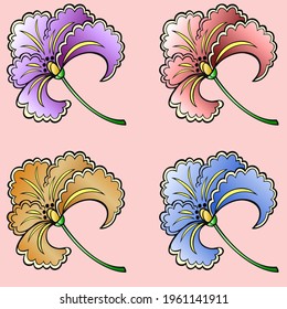 A set of multi-colored iris flowers on a pink background