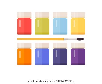 Conjunto de tarros multicolores con pinturas de arte y pincel sobre un fondo blanco aislado. El concepto de creatividad y educación. Materiales para dibujar en jardines de infancia y escuelas. Ilustración vectorial.