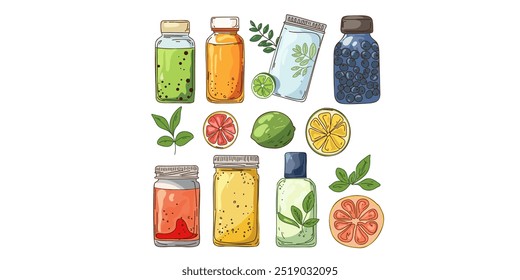 Set of multi-colored jars with medicines or care cosmetics, space for text, copy space