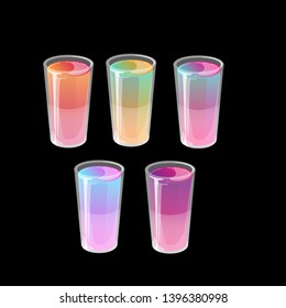 Set of multicolored jelly shots. Bright multicolored gradient jelly in glossy cartoon style. Vector illustration isolated on black background.