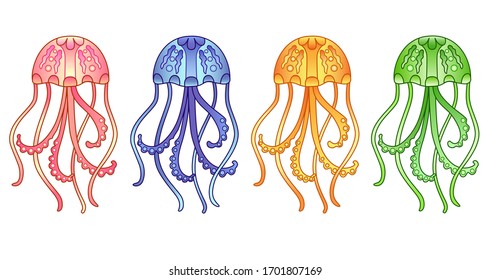 Set of multi-colored jellyfish - vector full-color pictures. Jellyfish - orange, lilac, green and pink - marine animals.