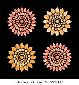 Set of multi-colored jewelry in  shape of  flower. Flowers made of precious stones. Brooch or pendant of diamonds. Vector illustration.
