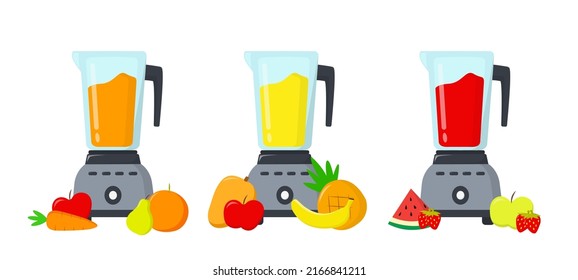 Set of multicolored juicers with juice in cartoon style. Vector illustration of delicious juice made from carrot, apple, pear, orange, mango, banana, pineapple, watermelon and strawberry.