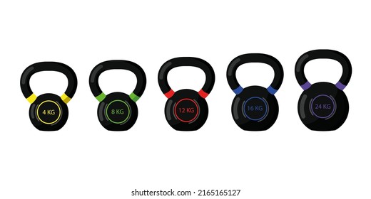  Set of multicolored kettlebells in cartoon style. Vector illustration of kettlebell weights for exercising at home or in the gym.
