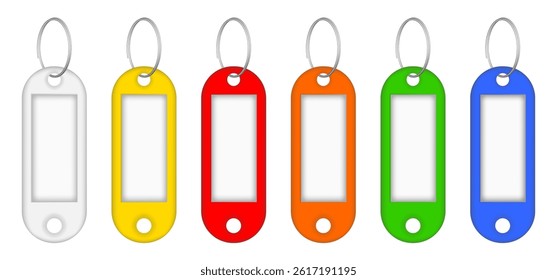 Set of multicolored key tags with split ring and window. White, yellow, red, orange, green and blue labels. Keyring, keychain