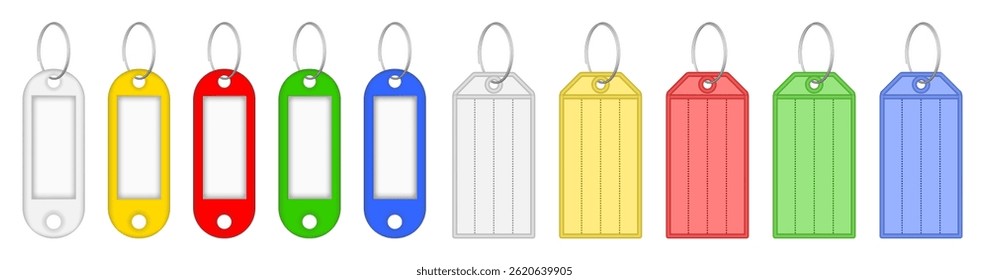 Set of multicolored key tags with split ring and window. White, yellow, red, blue and green labels. Keyring, keychain
