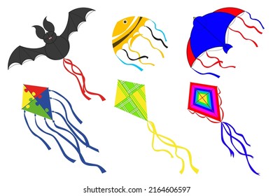 Set of multicolored kites in cartoon style. Vector illustration of a beautiful kite toy for children in different forms.