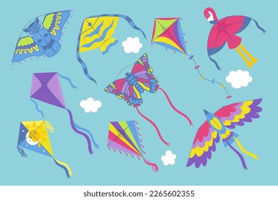 Set of multi-colored kites with ribbons. Vector graphics.