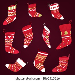 Conjunto de calcetines de navidad multicolores de punto con un patrón de diferentes formas. Calcetines de Navidad con estampado de punto de color.  Caricatura de medias de Año Nuevo. Ilustración del vector