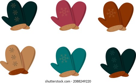 Set of multicolored knitted mittens with pattern. Warm mitten icon isolated. Vector illustration. Flat design. Can be used for scrapbook, postcards, print, etc.