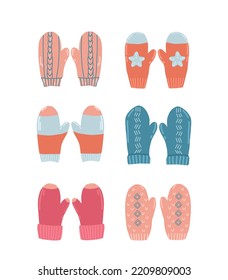 Set of multicolored knitted mittens with pattern. Freehand drawing. Can be used for scrapbook, postcards, print, etc. Can be used for scrapbook, postcards, print, etc.