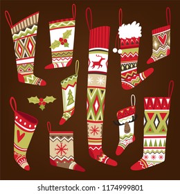 Set of multi-colored knitted patterned Christmas socks of different shapes. Vector illustration
