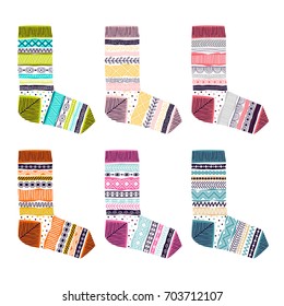 Set of multicolored knitted socks. Freehand drawing. Can be used for scrapbook, postcards, print, etc.