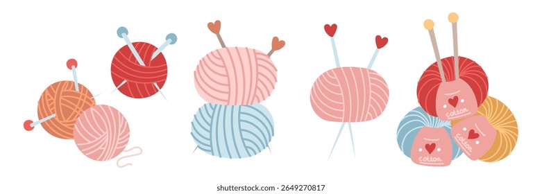 set of multicolored knitting yarns with labels, knitting needles, various shapes. collection of handmade items. cozy atmosphere. flat color illustration. Knitting, needlework, printed, hobbies