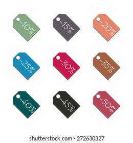 Set of multicolored labels discounts from ten to fifty percent, vector illustration.