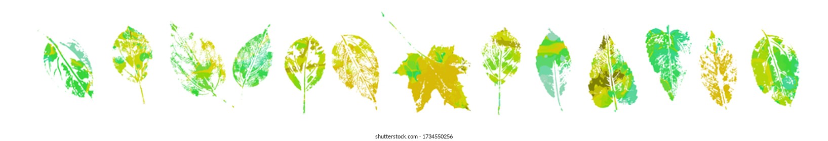 A set of multicolored leaf prints. Mixed media. Vector illustration