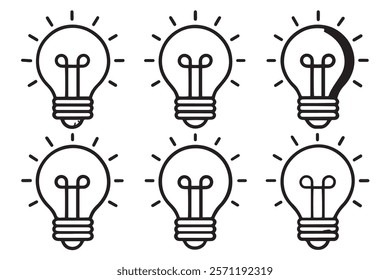 Set of multicolored light bulb illustrations symbolizing bright ideas, energy, and inspiration, isolated on a clean white backdrop