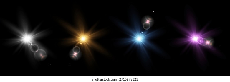 Un conjunto de destellos de luz multicolores y efectos de lente. Vector. EPS 10.