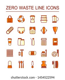Set of multicolored line icons on the theme of Zero Waste lifestyle. Line icons with warious reusable or recyclable items isolated on white background.